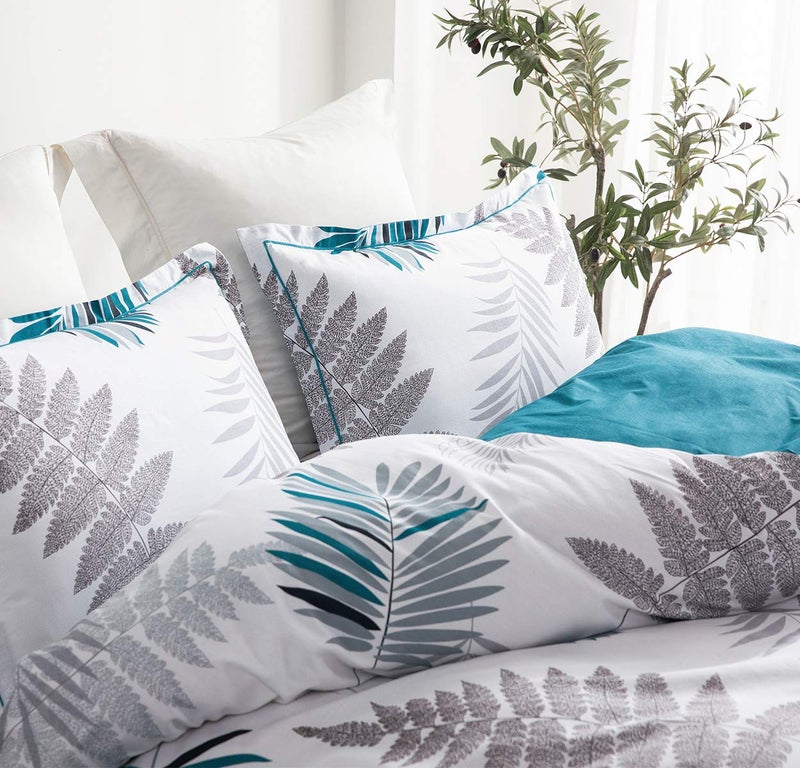 SLEEPBELLA Comforter Queen Size, 600 Thread Count Cotton Blue Floral with Khaki & Grey Leaves Pattern White Reversible Comforter Set,Down Alternative Bedding Set 3Pcs(Queen, Blue Botanical) - Image 3